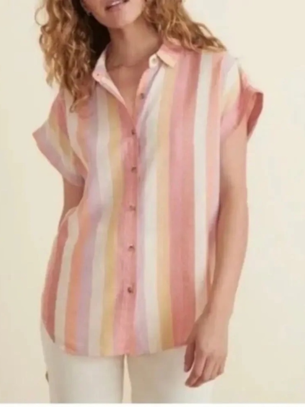 Marine Layer Dana Striped Boxy Short Sleeve Shirt XS Colorful Button Front